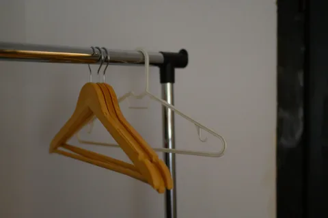 Penderie organisée avec vêtements suspendus et étagères