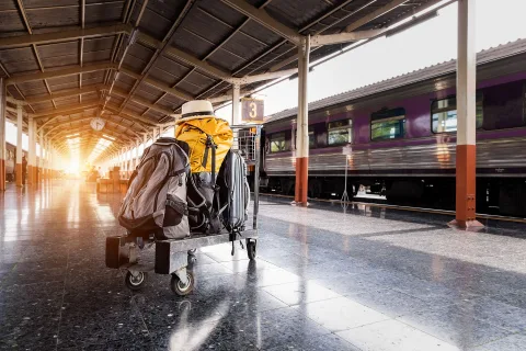 Un voyageur avec une valise regarde le panneau d'affichage des départs dans une grande gare européenne moderne.
