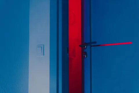 Un interrupteur électrique blanc sublimé par une coque de finition moderne et épurée posée sur un mur peint en vert.