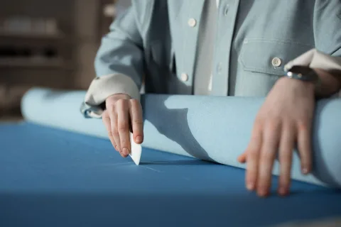 Mains d'un client examinant les finitions et les coutures d'un vêtement dans un rayon de magasin.