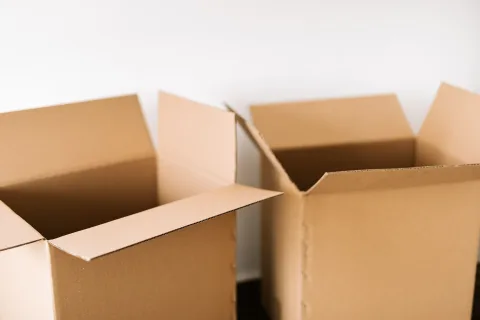 Cinq boîtes en carton alignées sur un parquet en bois clair dans un salon épuré.