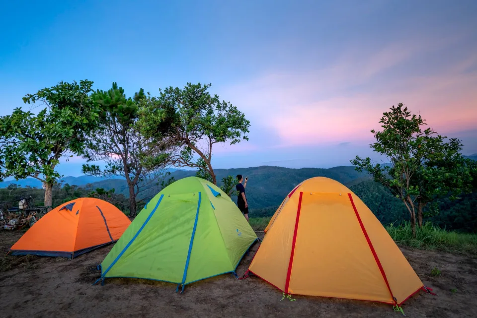 Deux randonneurs installent une tente de bivouac en lisière de forêt au coucher du soleil.