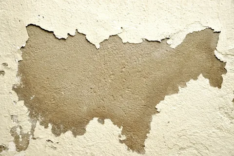 Une main appliquant de l'enduit de rebouchage à l'aide d'une spatule sur une fissure murale