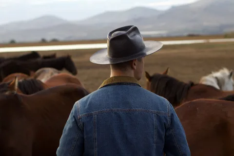 Un homme d'un certain âge en costume élégant regarde l'horizon dans un paysage rural américain.